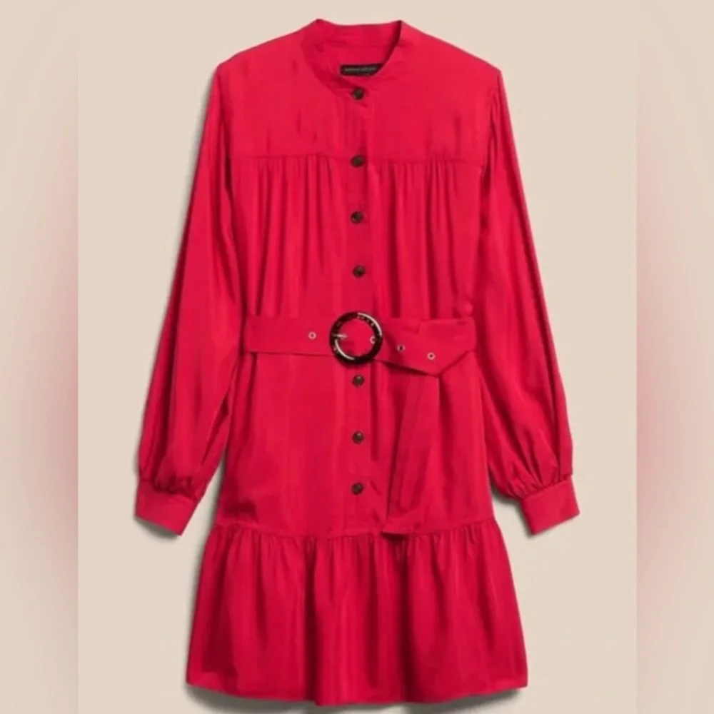 NWT! BANANA REPUBLIC RED SUNSET FLOUNCE HEM MINI DRESS - Size LARGE 💛 - Picture 3 of 4